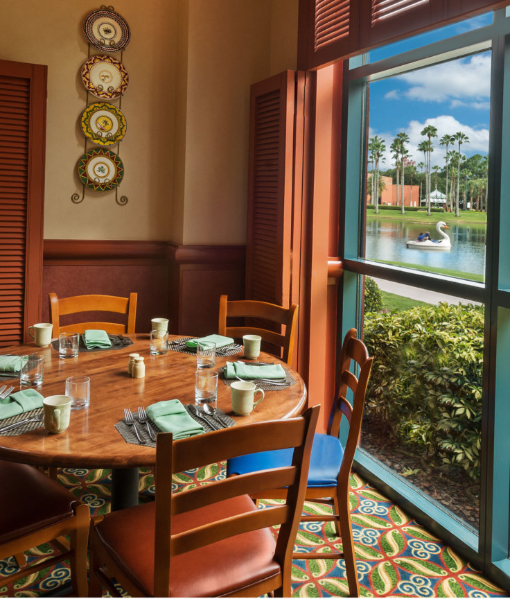 Fresh Restaurant with Table, Chairs and Lake View at the Walt Disney World Dolphin Resort
