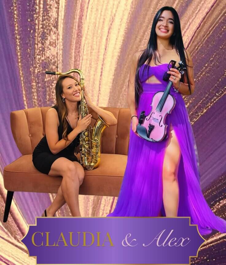 Two women musicians pose in front of a vibrant purple and gold abstract background. One sits on a sofa with a saxophone; the other stands in a purple dress holding a violin. A sign reads Claudia & Alex.