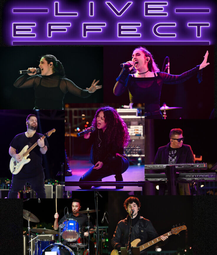 A collage features six band members singing and playing guitar, bass, keyboard, and drums on stage under dramatic lighting. At the top, bold neon text reads LIVE EFFECT.