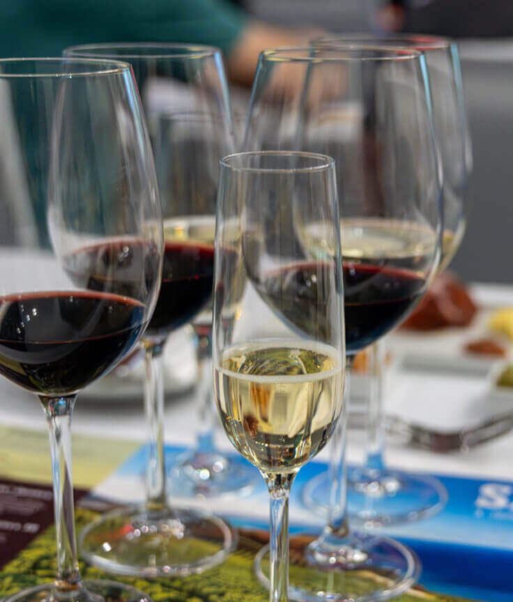 Three glasses of wine—two red, one white—stand on a table next to a bottle of water and a plate with assorted food items. In the background, blurred people sit at tables in a bright indoor setting.